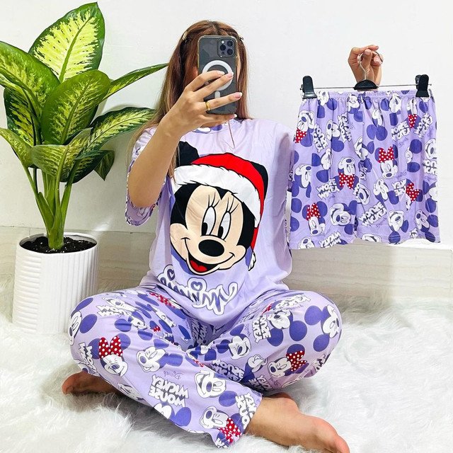 Korean 3-in-1 Cotton Loungewear Set - Mickey Mouse Printed Pajama Night Suit for Girls & Women