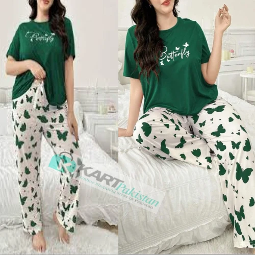 Green Butterfly T-Shirt with White Printed Capri Night Suit for Girls