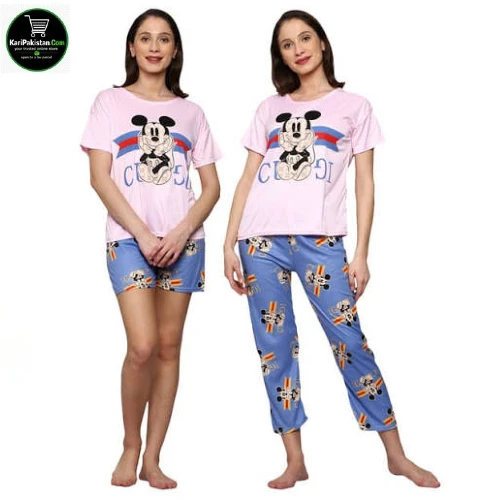 Korean 3-in-1 Cotton Loungewear Set - Mickey Mouse Printed Pajama Night Suit for Girls & Women