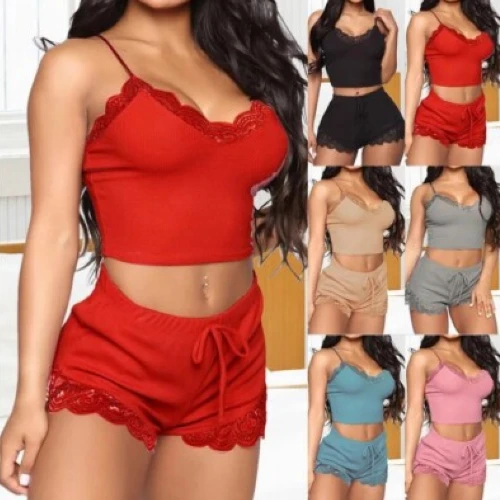 Popular Style Crew Neck Sleeveless Lingerie Short Set - 2 Pieces